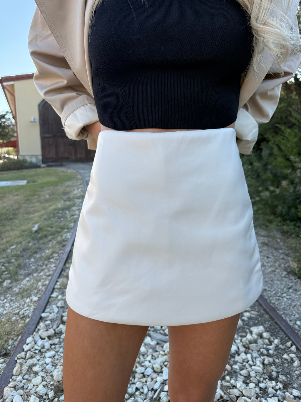 Cream Faux Leather Front Wrap Skort