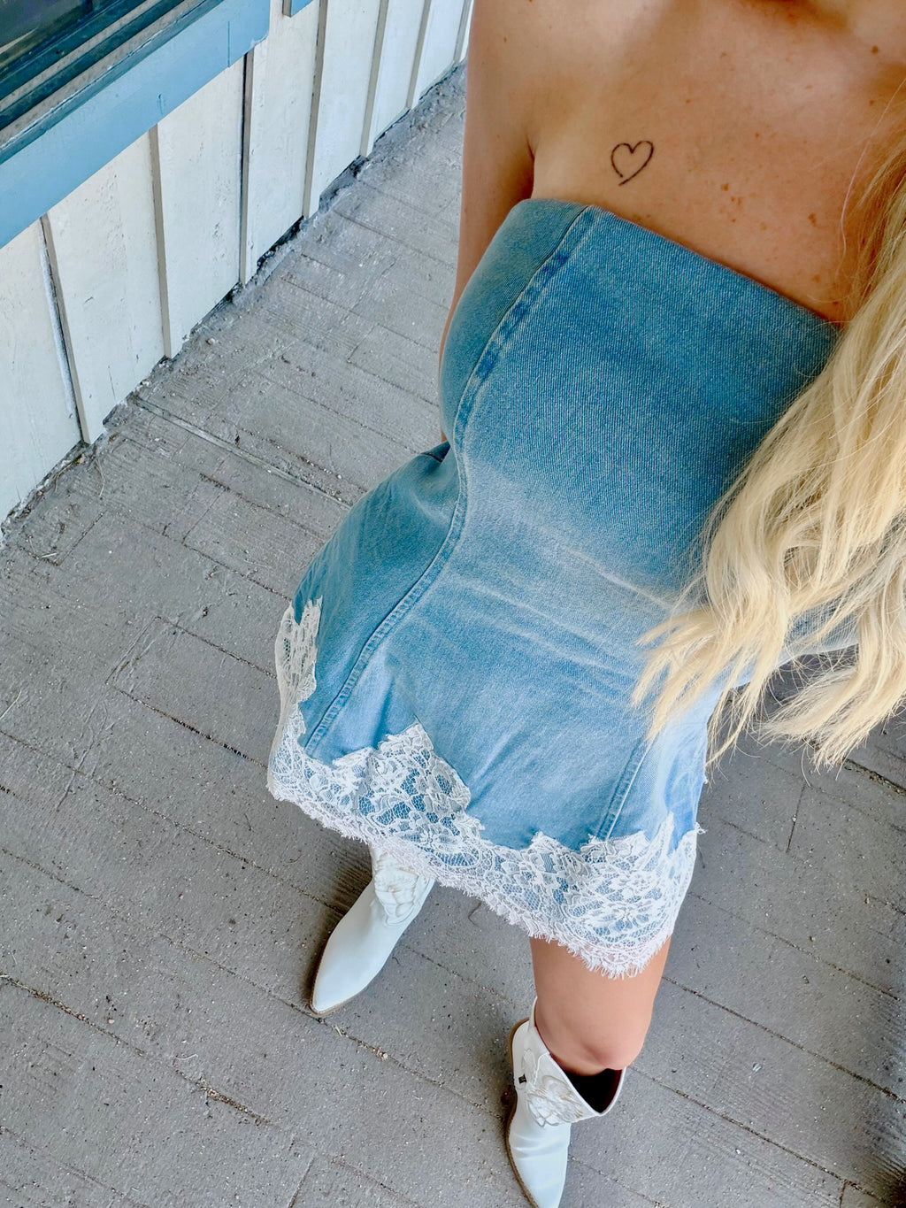 Denim Lace Strapless Dress