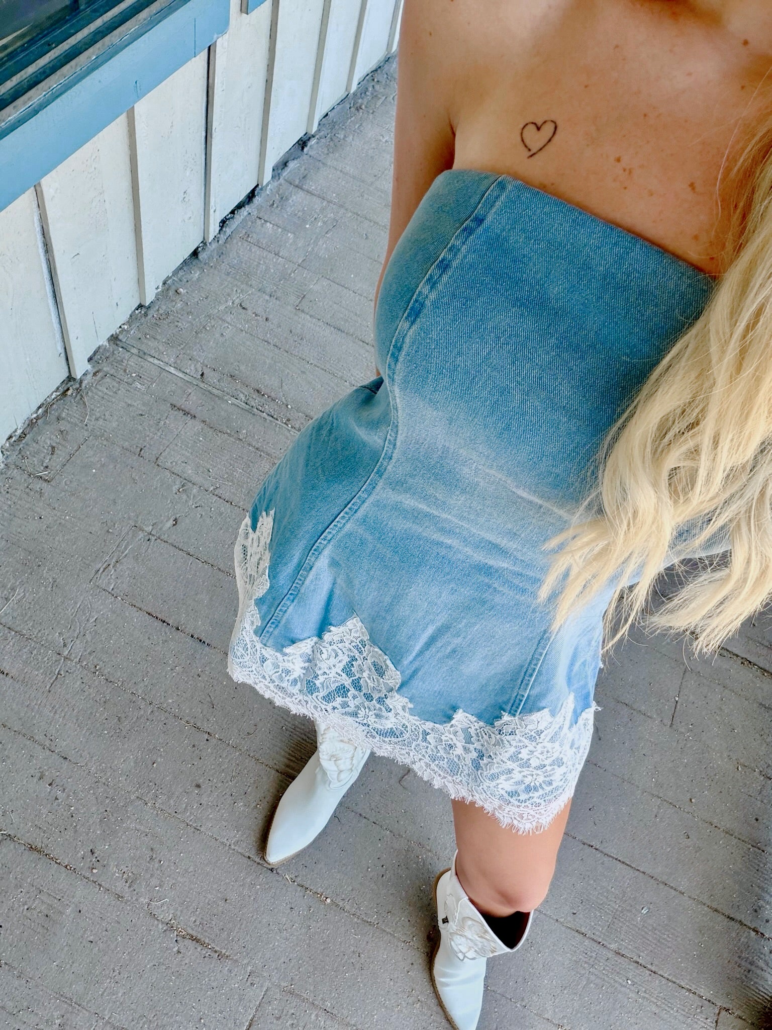 Denim Lace Strapless Dress