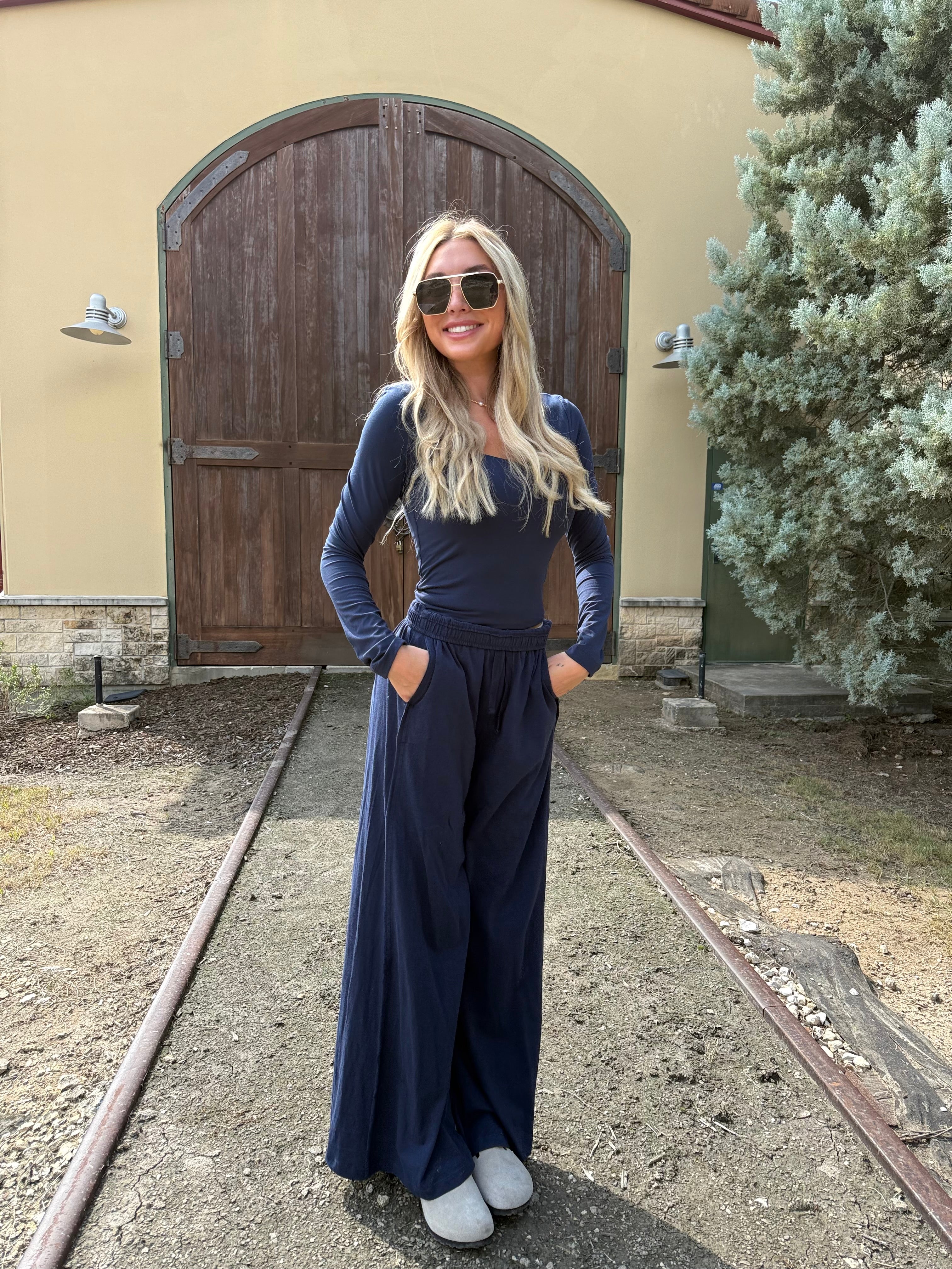 Navy Square Neck Butter Long Sleeve