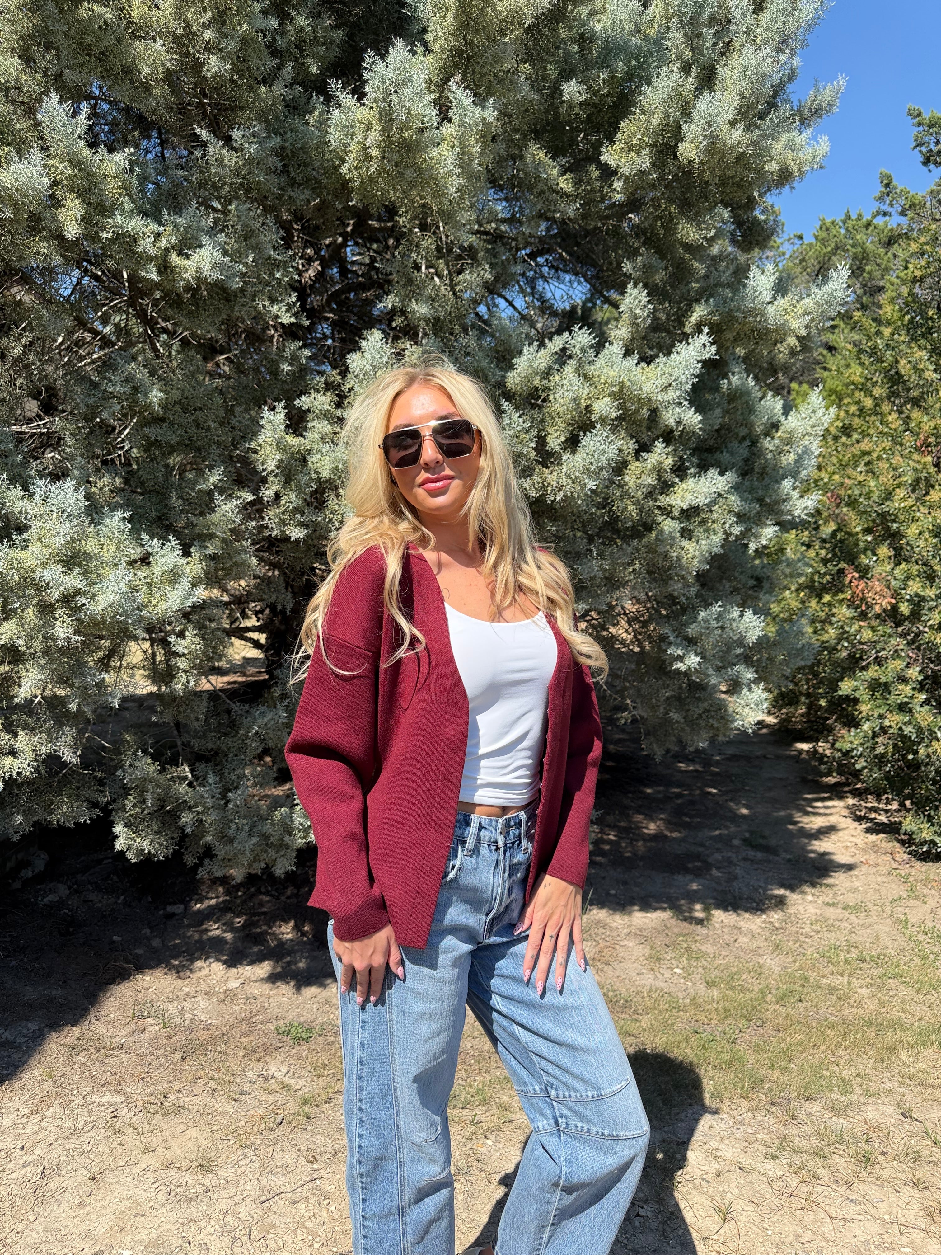 Burgundy A-Line Knit Cardigan