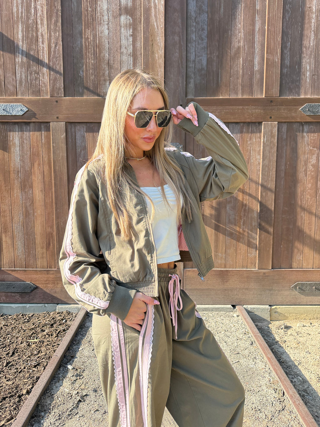 Lace Trim Mock Neck Zip Up