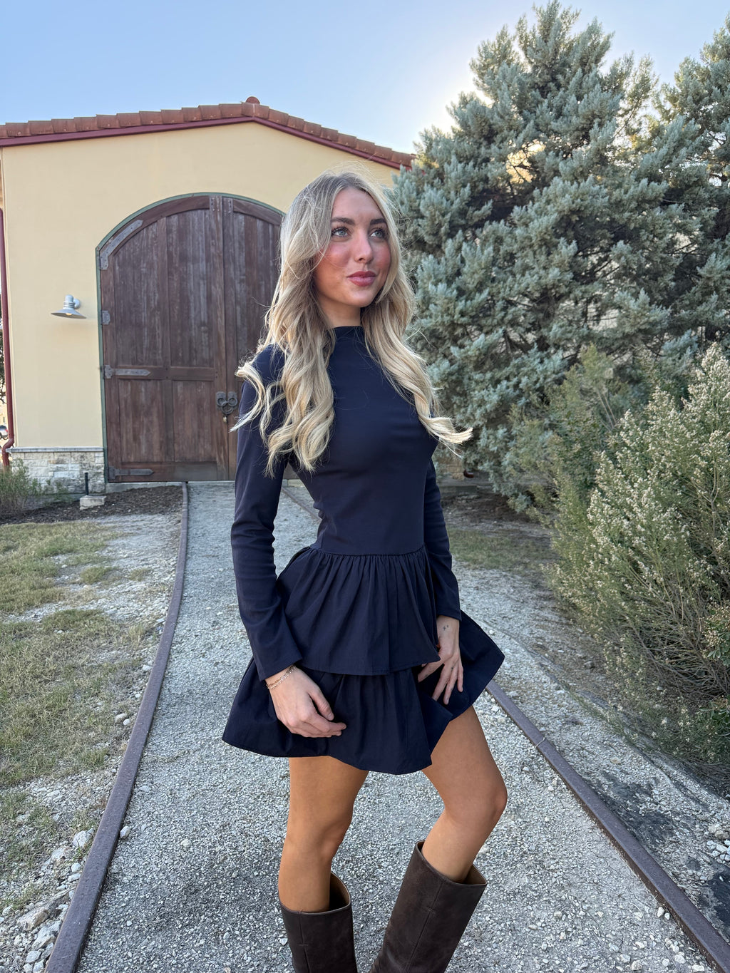 Boat Neck Tiered Navy Dress