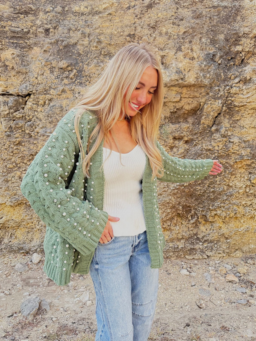 Green Pearl Chenille Cardigan