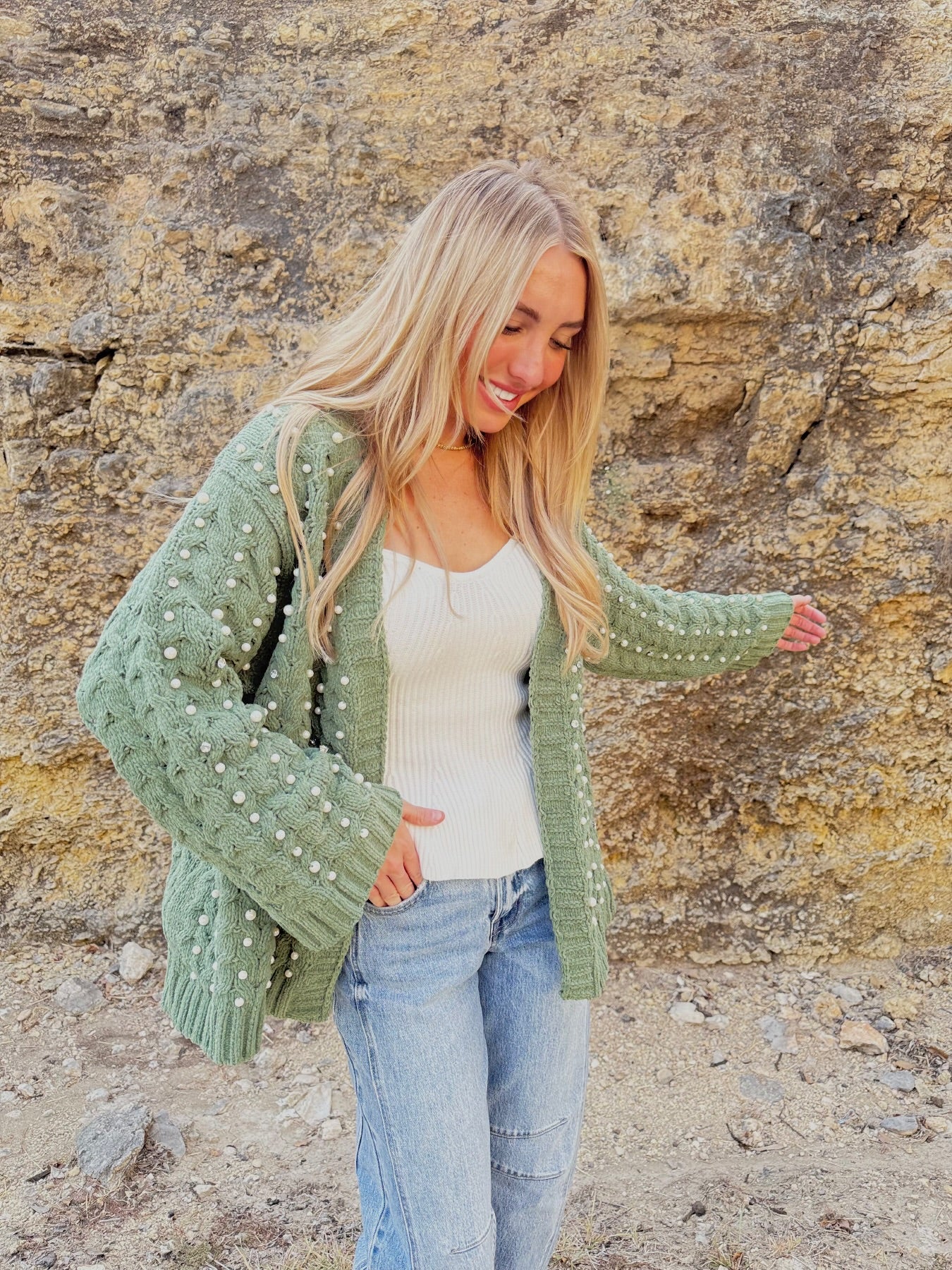 Green Pearl Chenille Cardigan