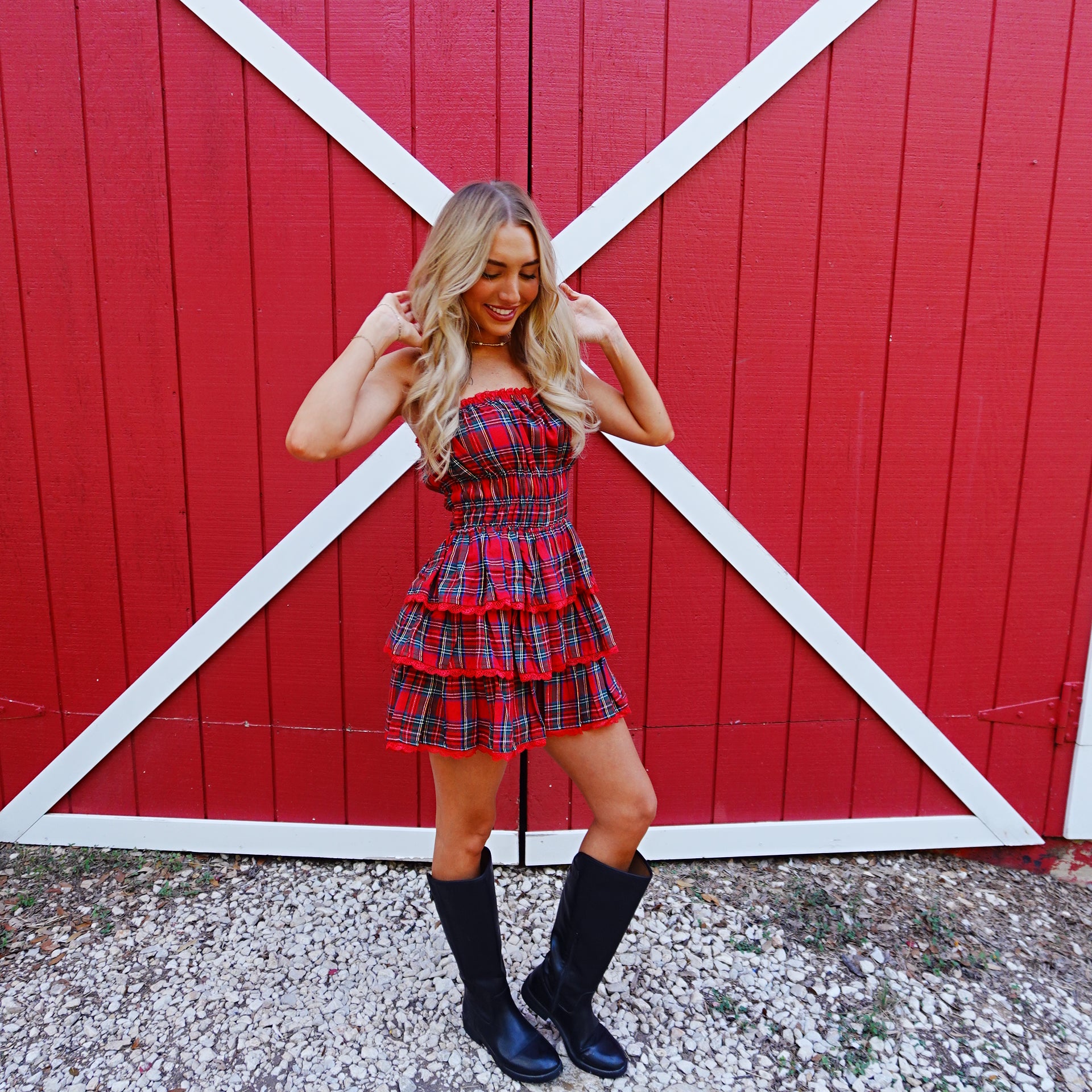 Holiday Plaid Strapless Dress