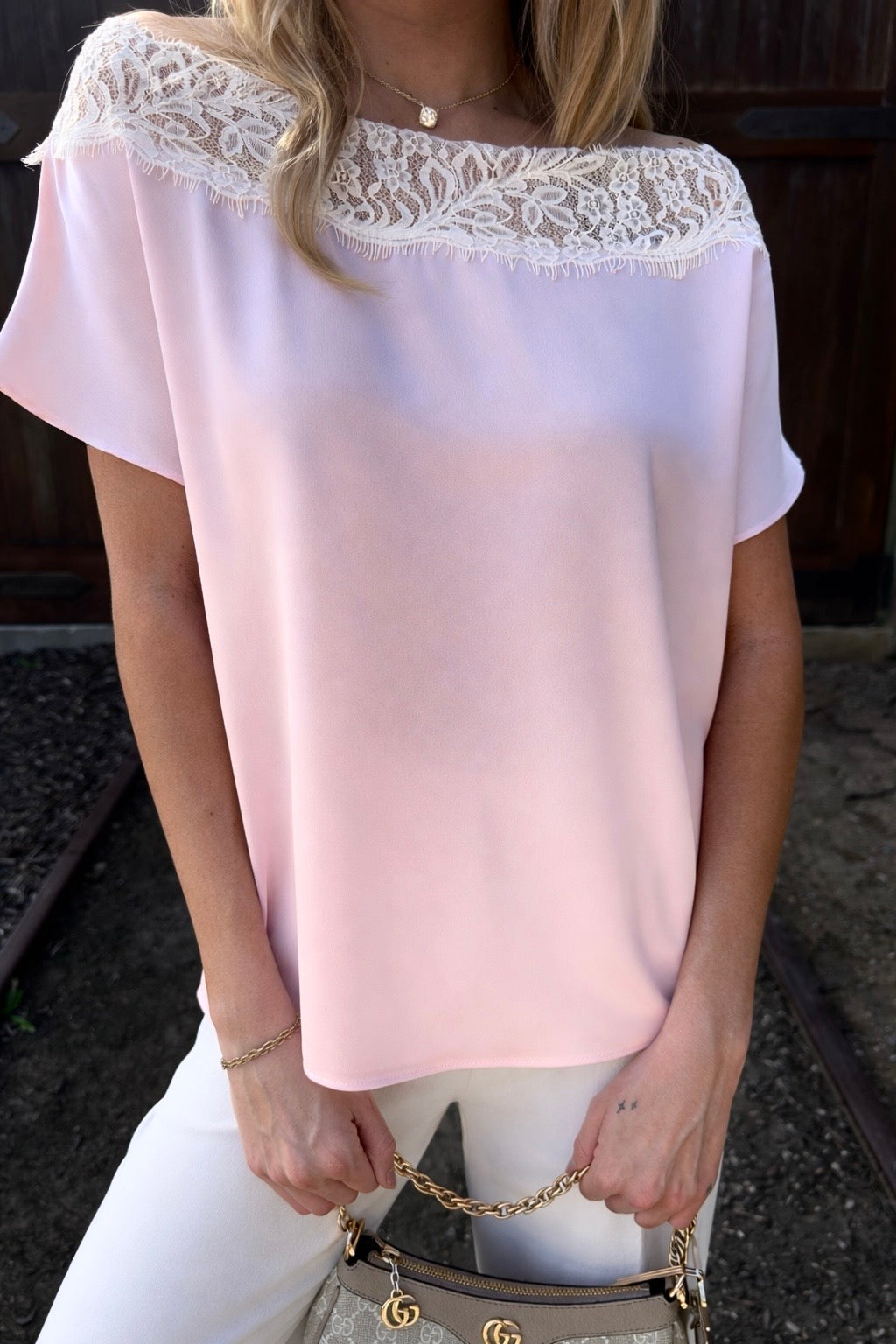 Satin Blouse W/ Lace Boat Neckline