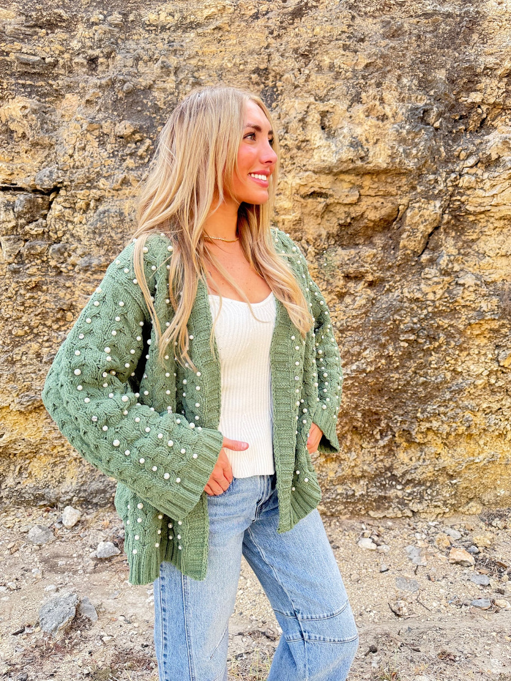 Green Pearl Chenille Cardigan