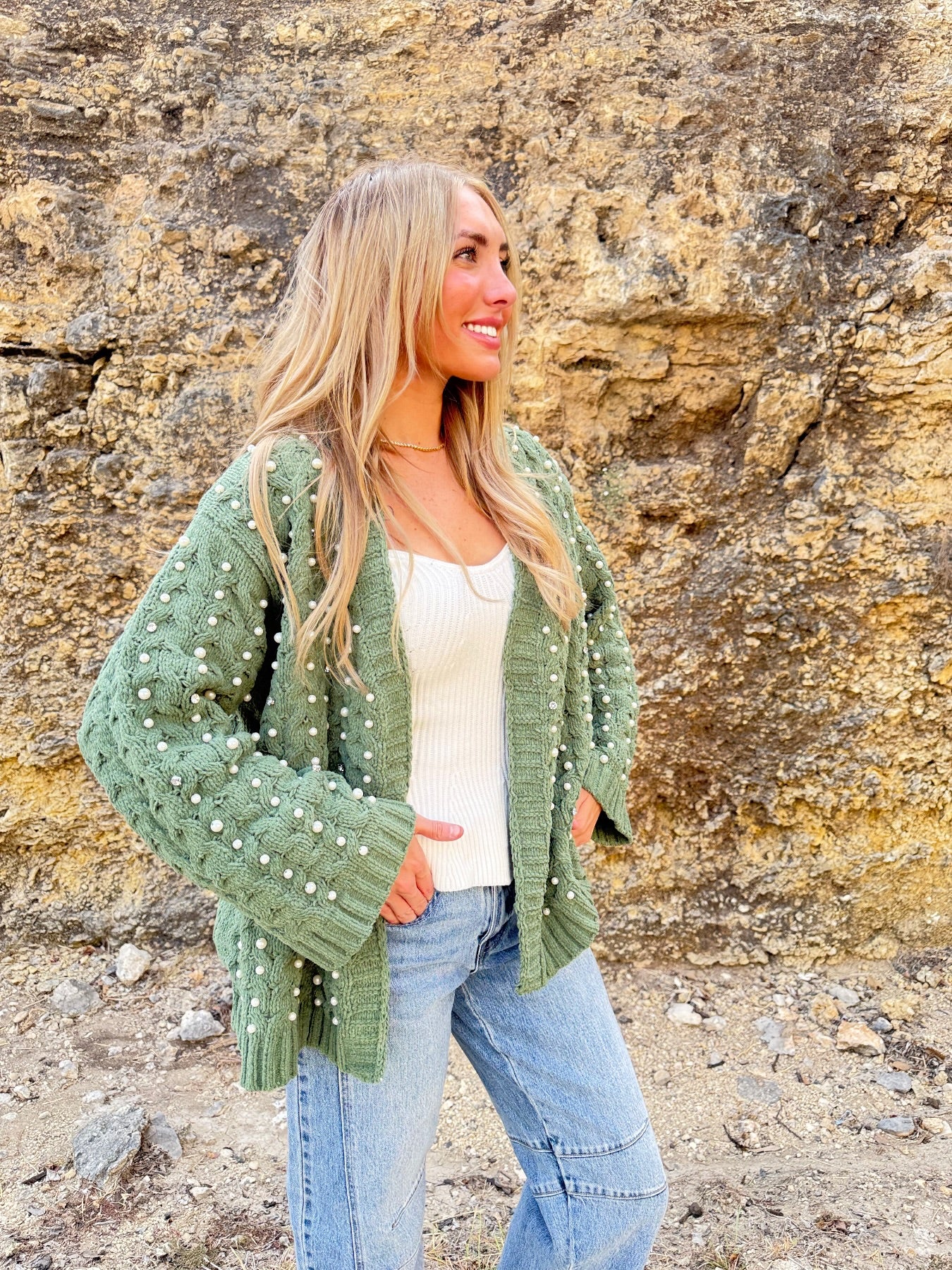 Green Pearl Chenille Cardigan