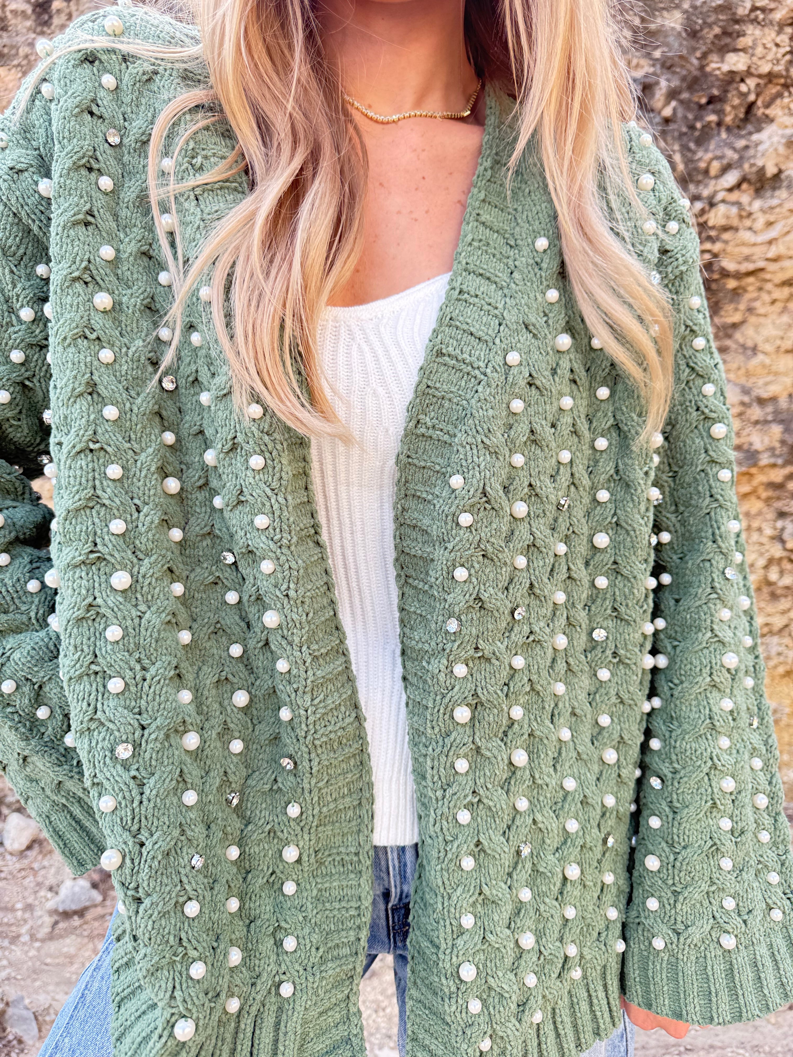 Green Pearl Chenille Cardigan