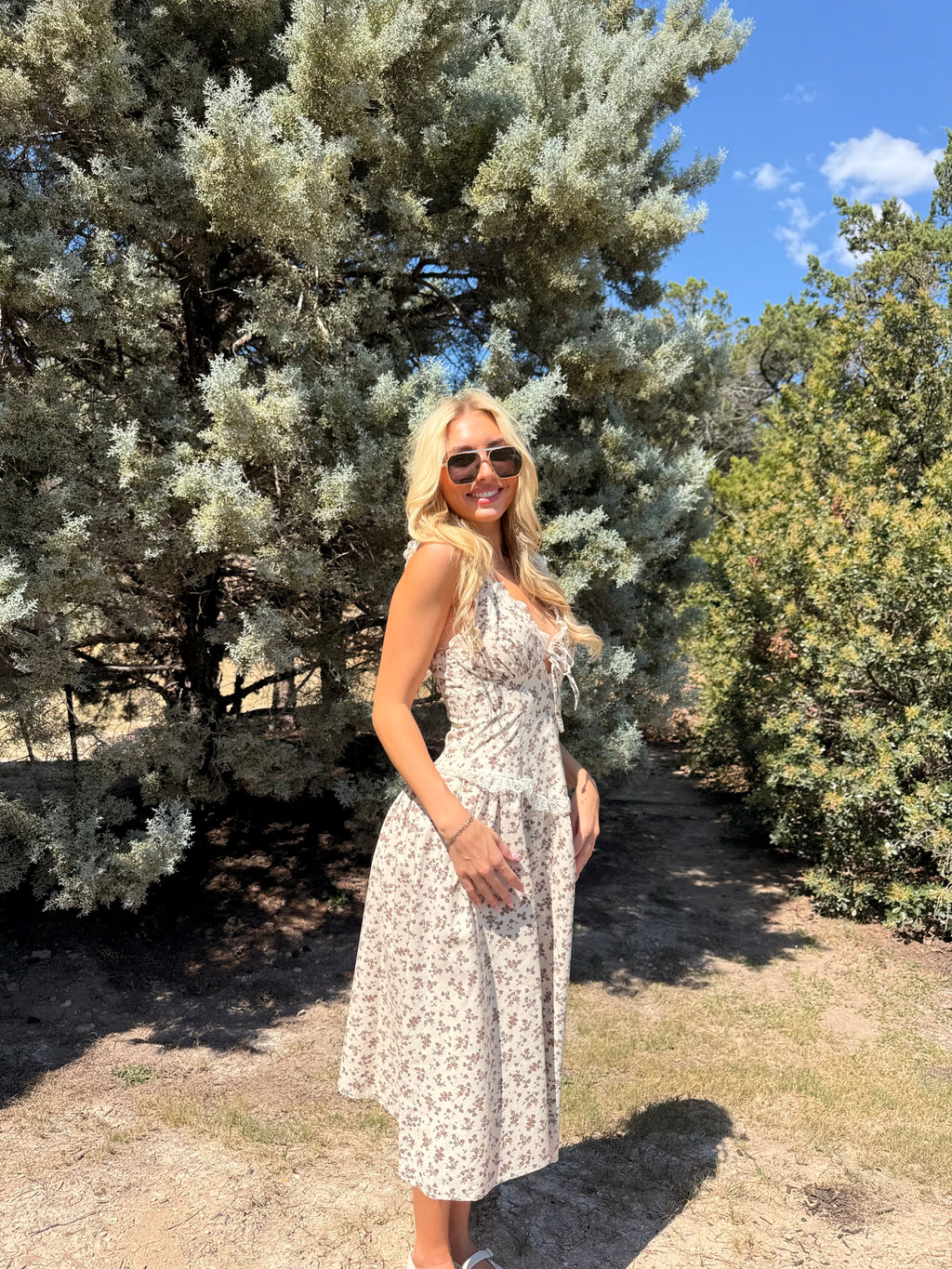 Floral Lace Trim Midi Dress