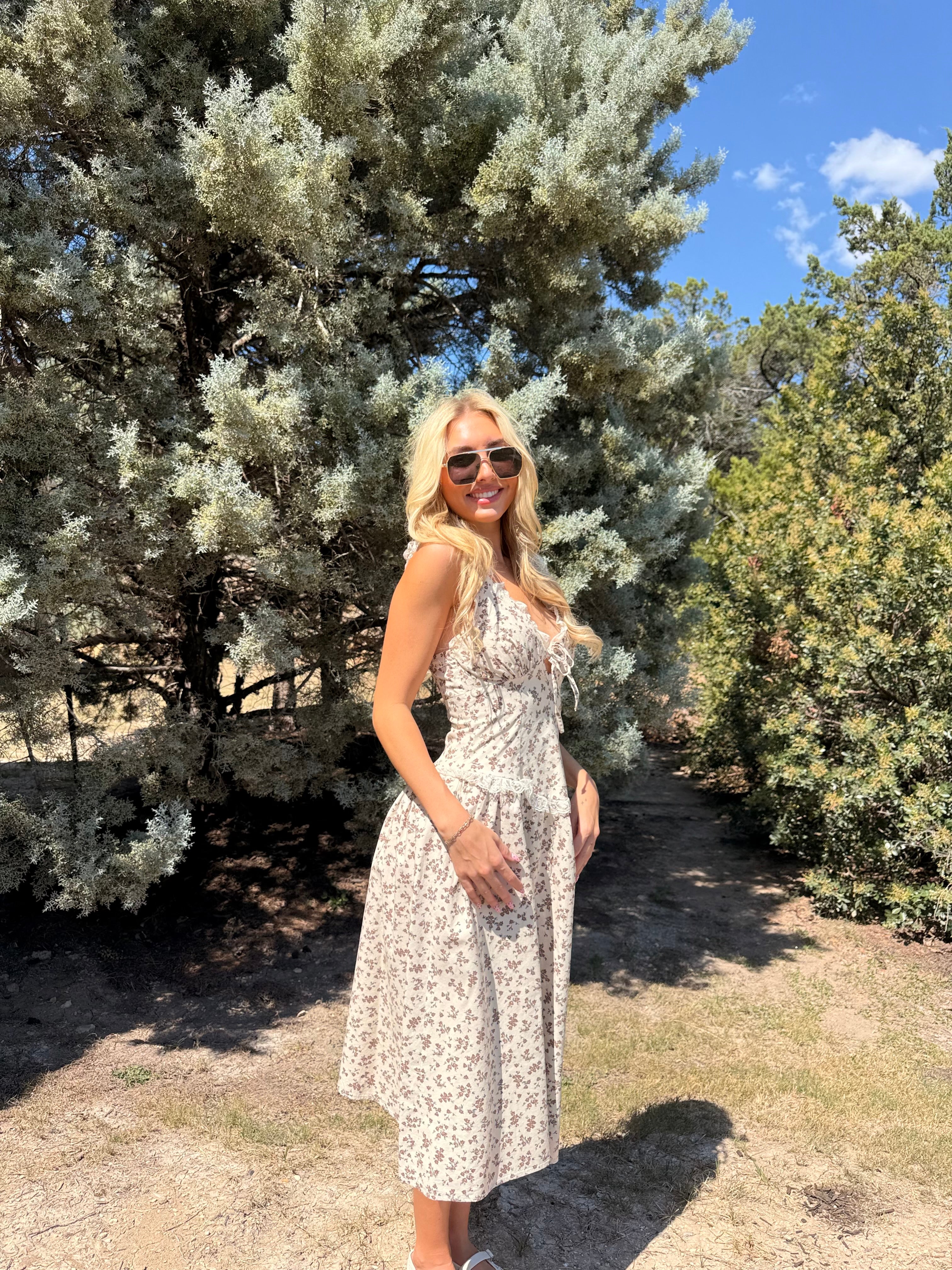 Floral Lace Trim Midi Dress