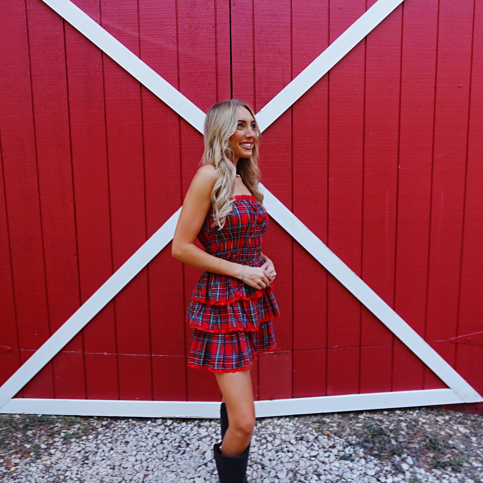 Holiday Plaid Strapless Dress