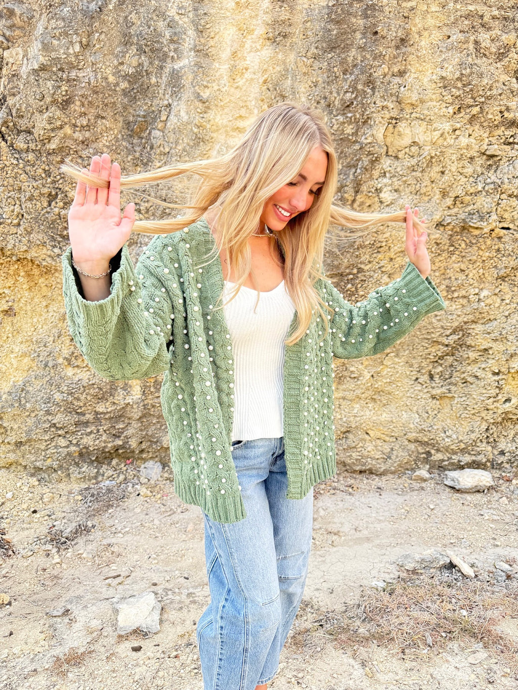 Green Pearl Chenille Cardigan