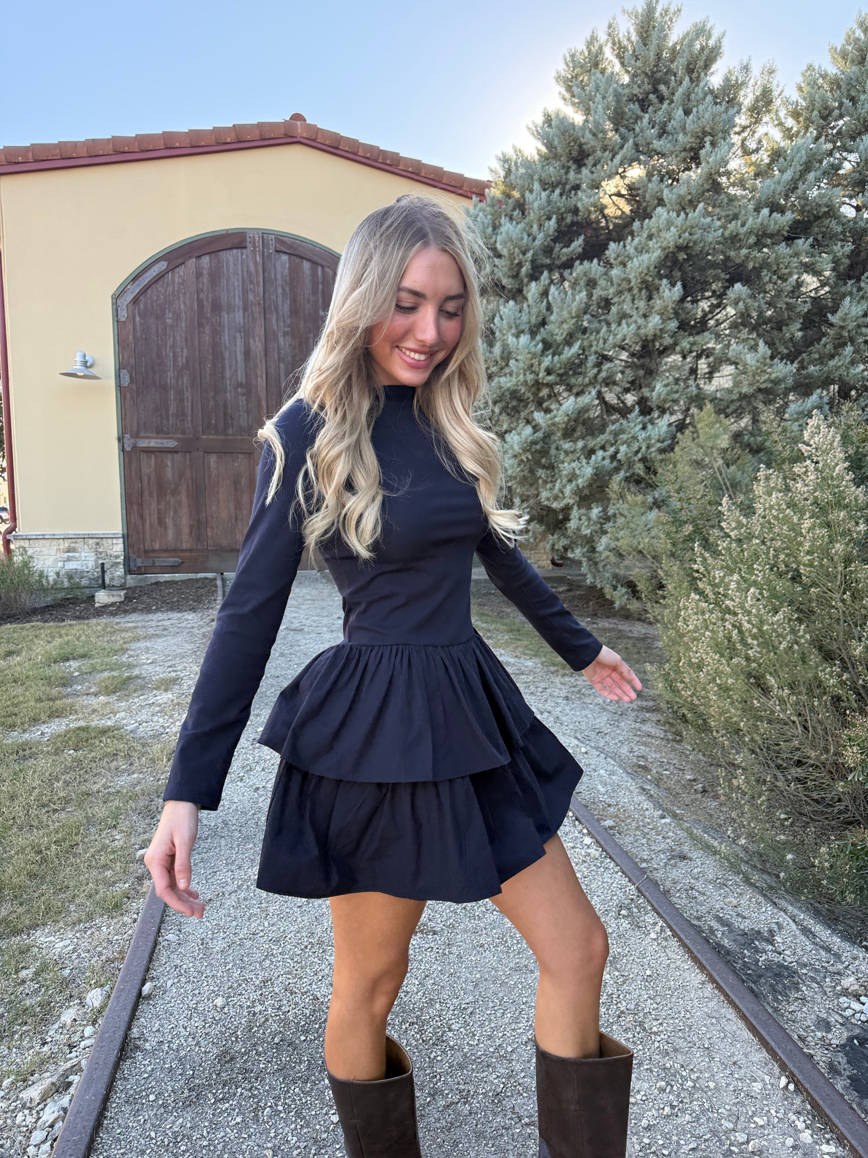 Boat Neck Tiered Navy Dress