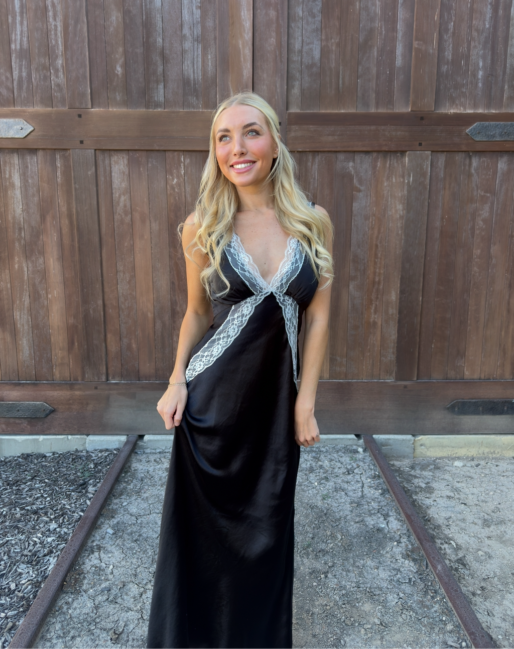 Lace Trim Satin Maxi Dress