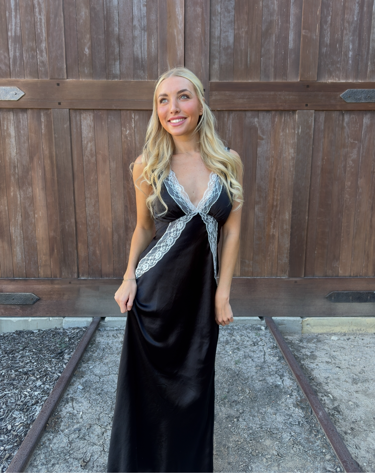 Lace Trim Satin Maxi Dress