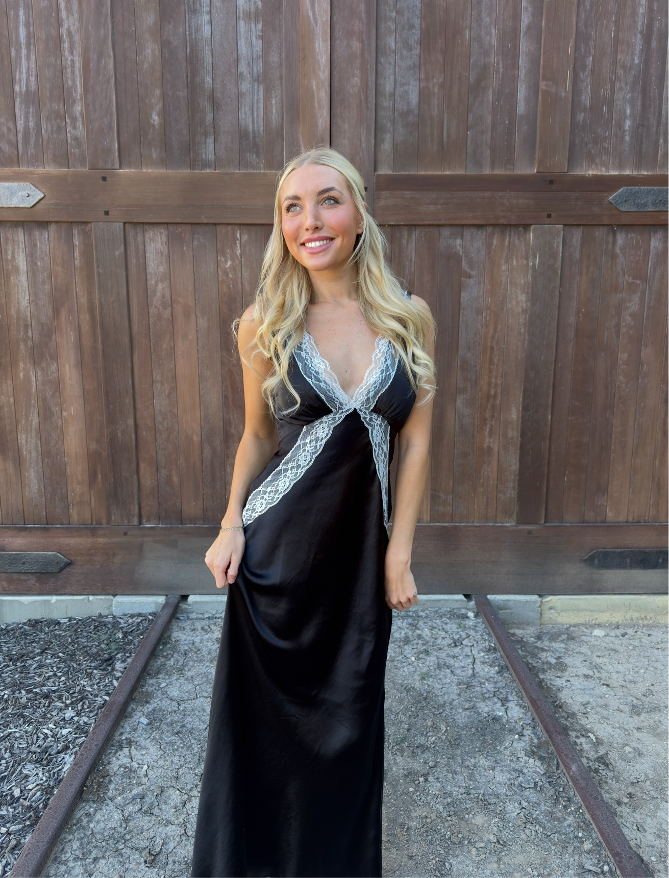 Lace Trim Satin Maxi Dress