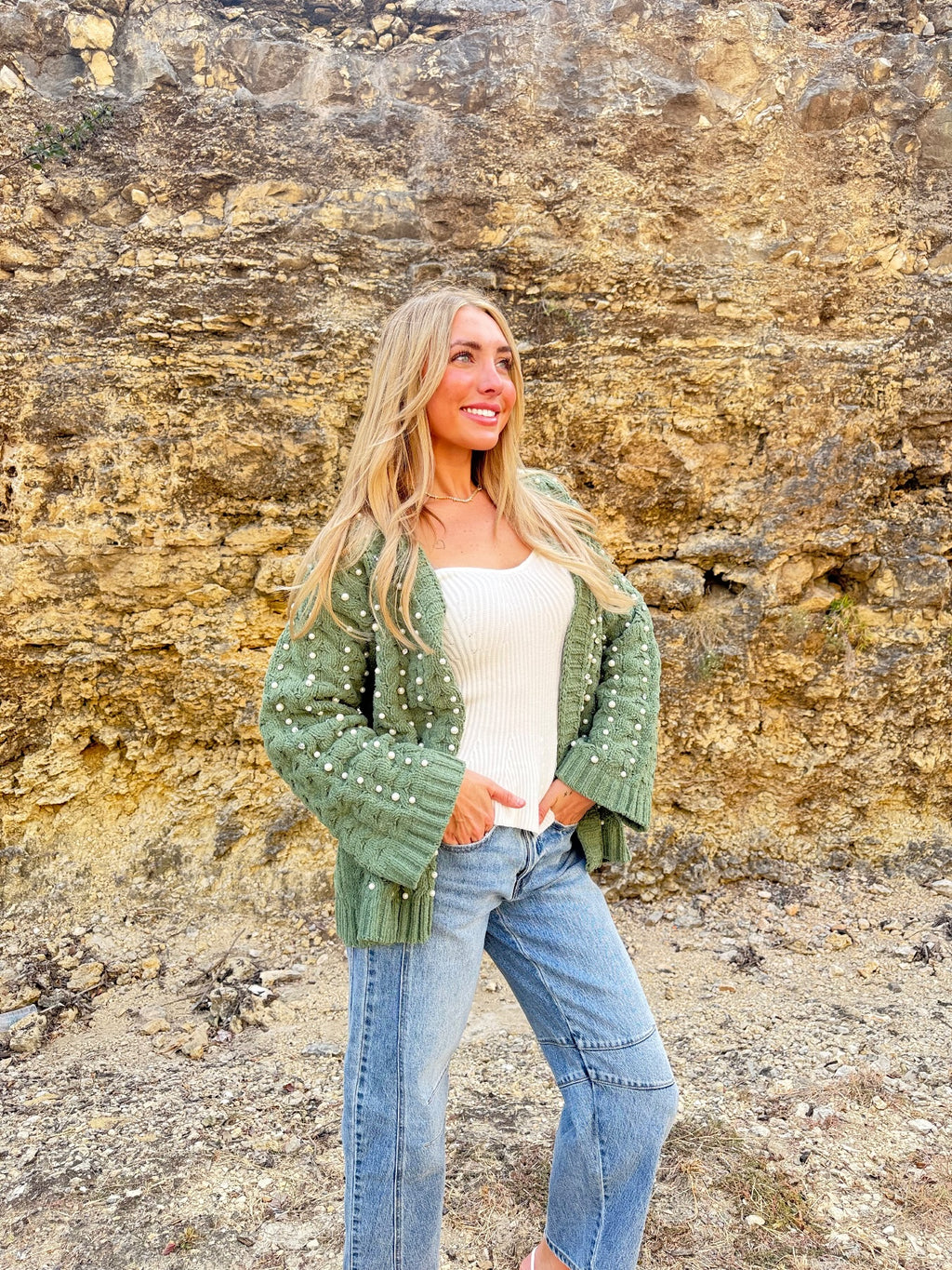 Green Pearl Chenille Cardigan