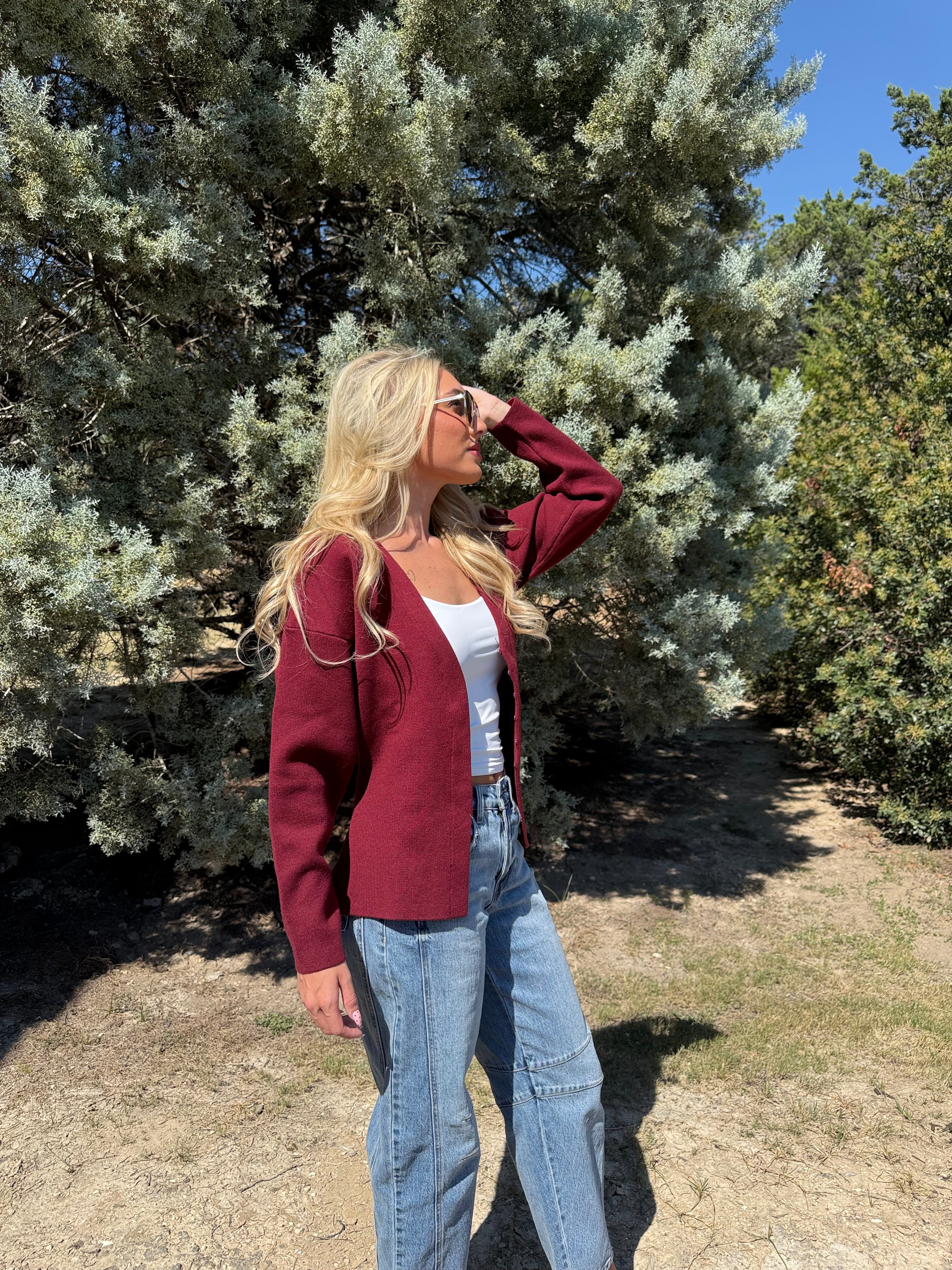 Burgundy A-Line Knit Cardigan