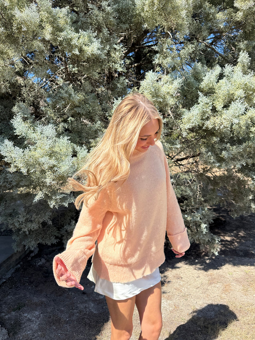 Peach High Neck Long Sleeve Sweater Top