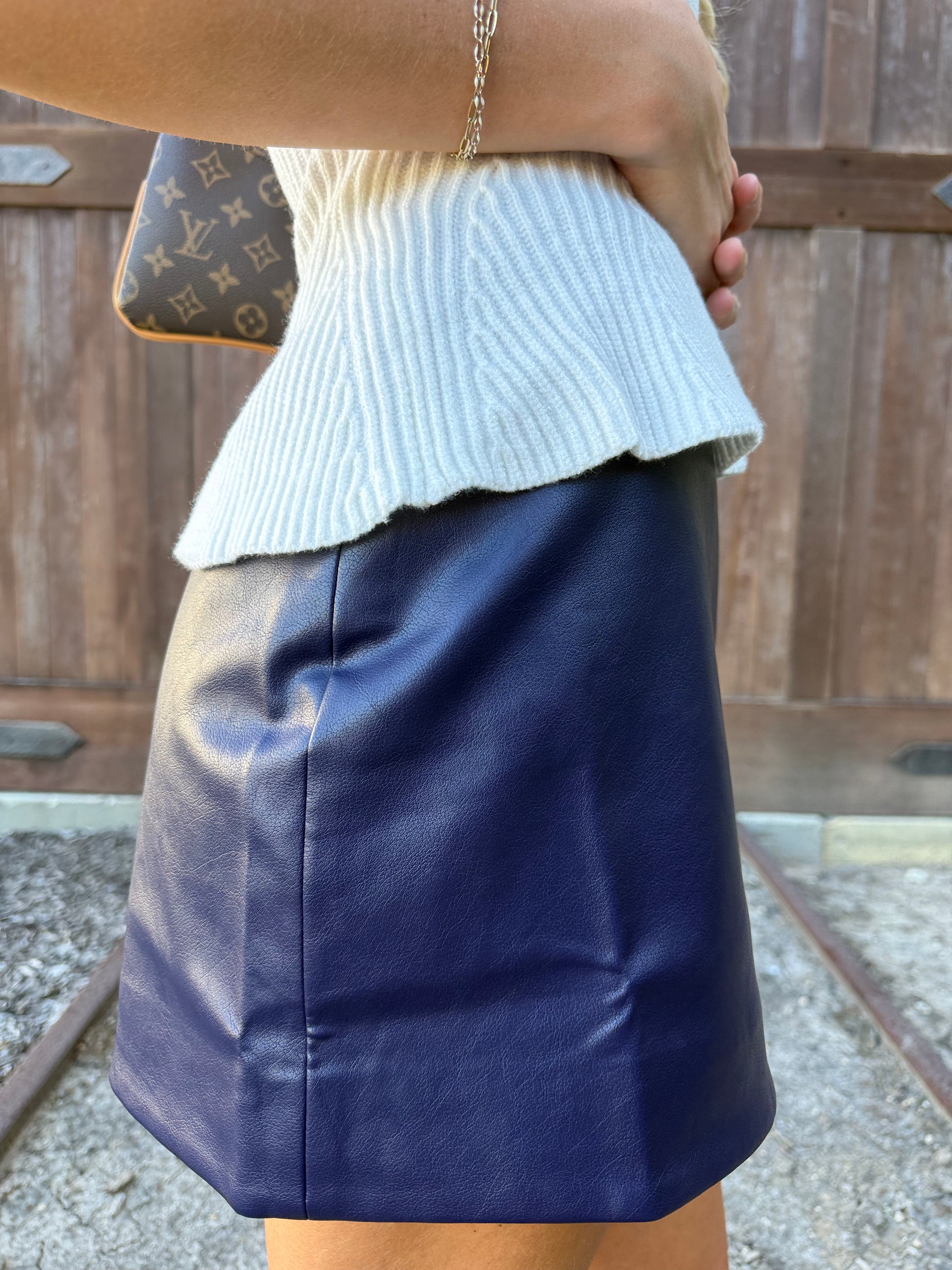 Navy Faux Leather Skirt