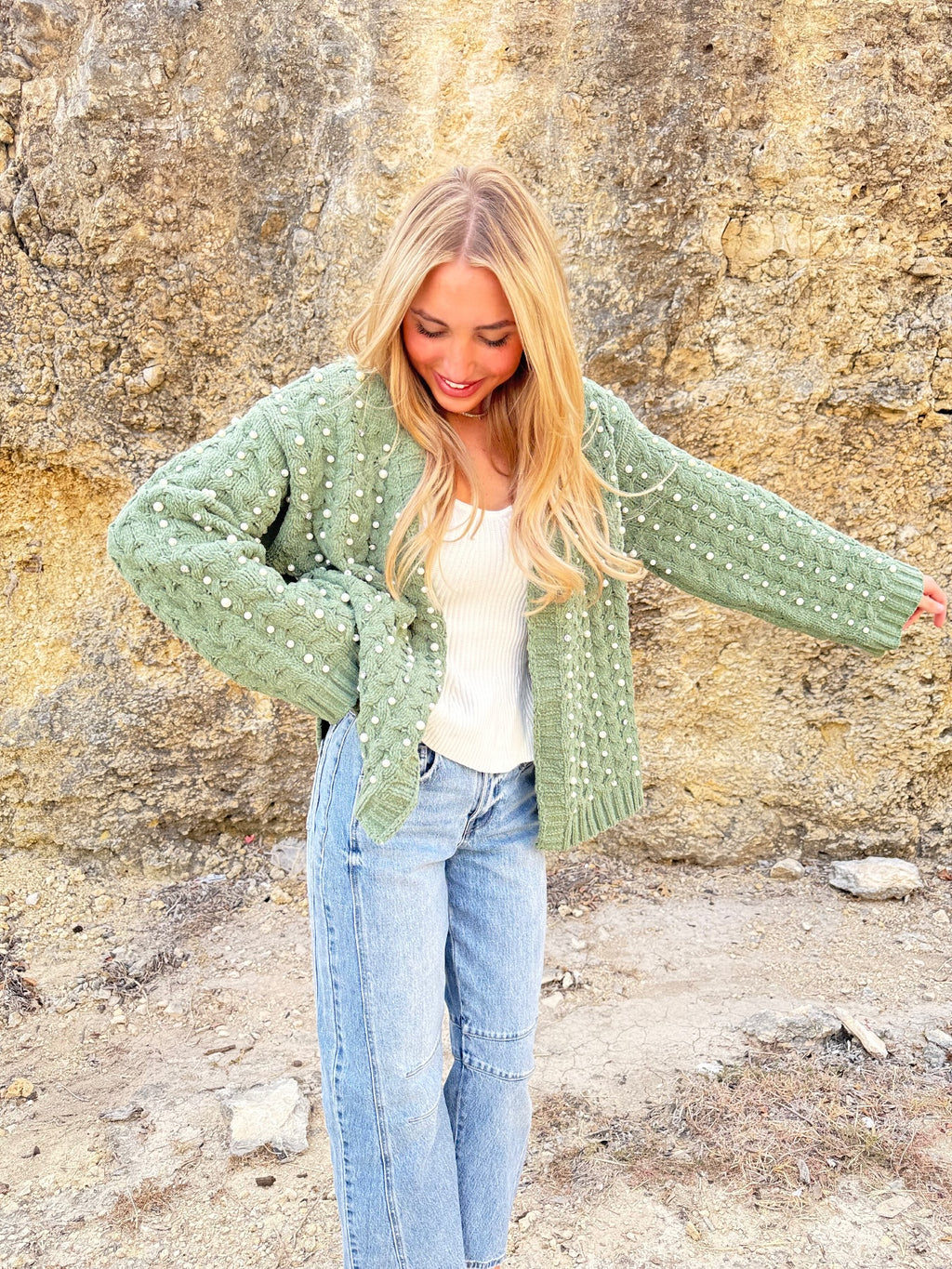 Green Pearl Chenille Cardigan