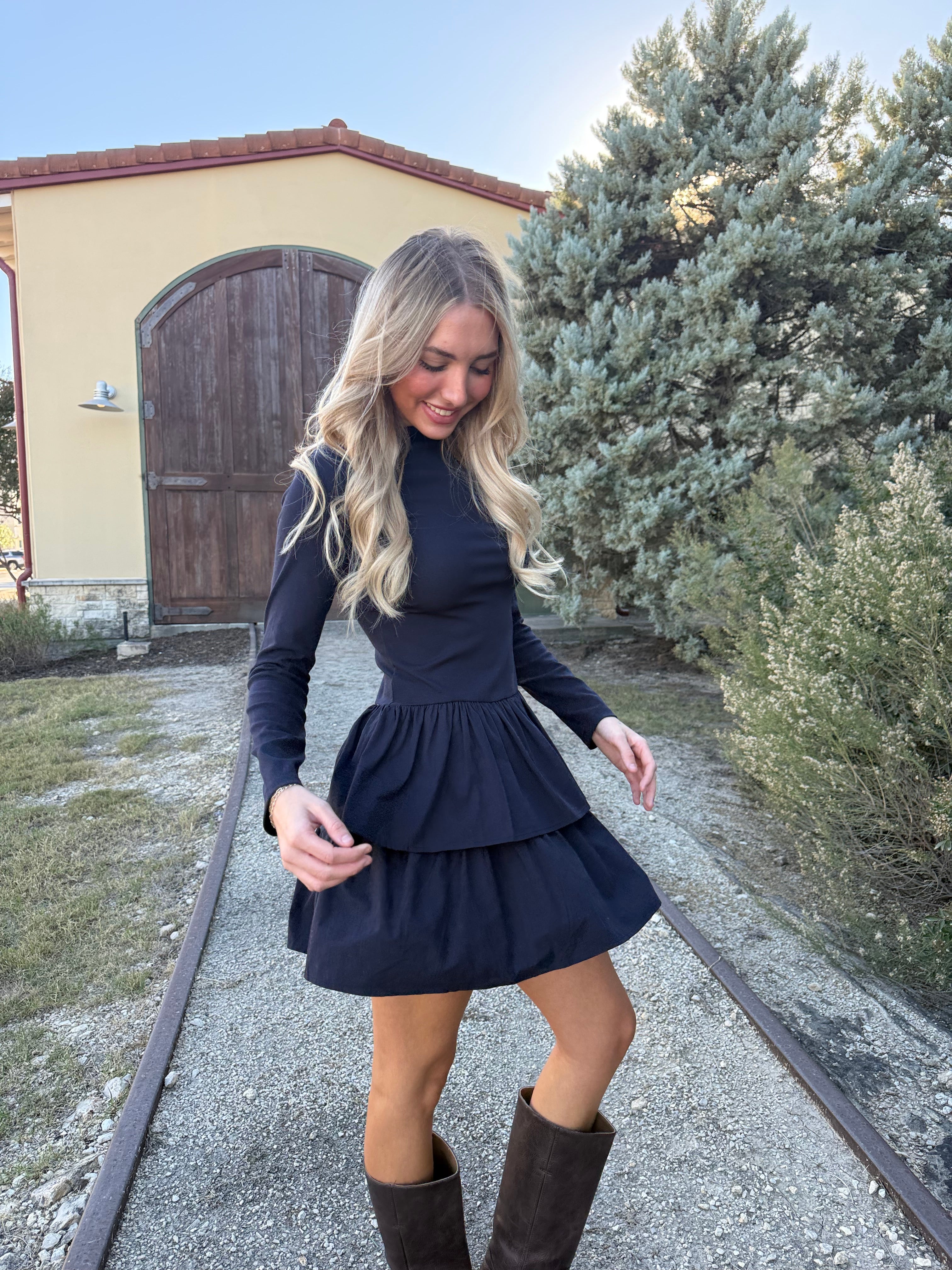 Boat Neck Tiered Navy Dress
