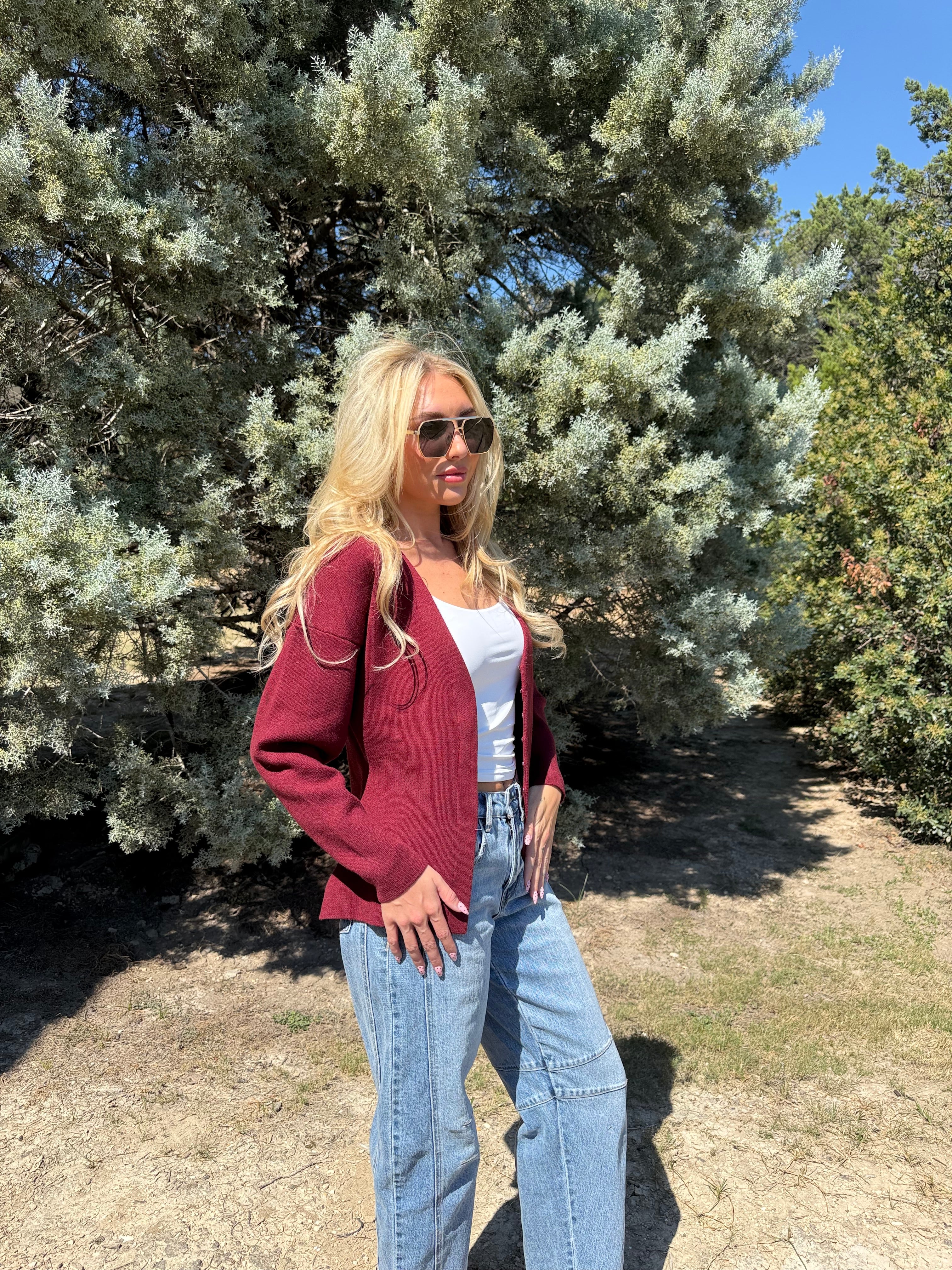 Burgundy A-Line Knit Cardigan