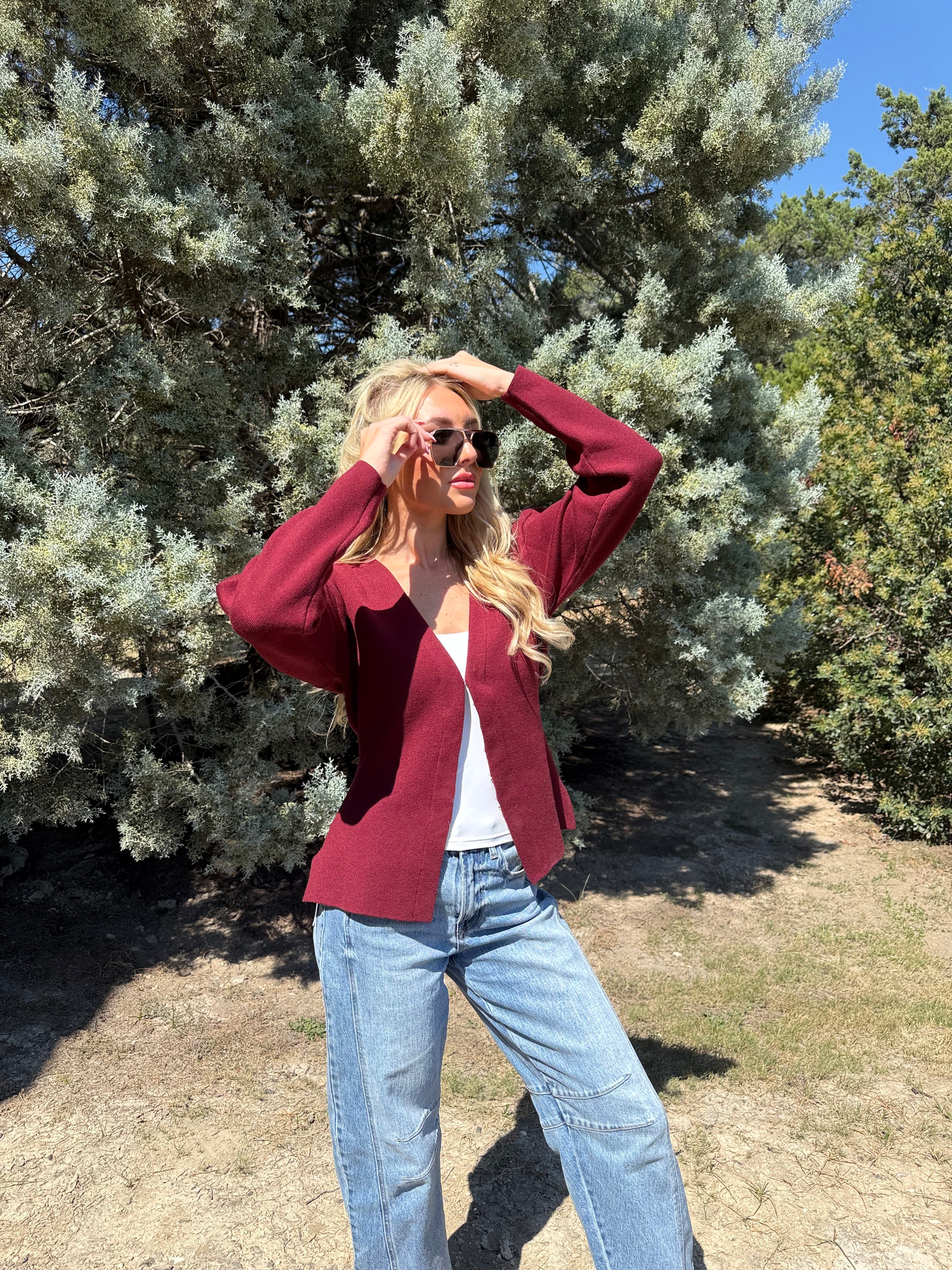 Burgundy A-Line Knit Cardigan