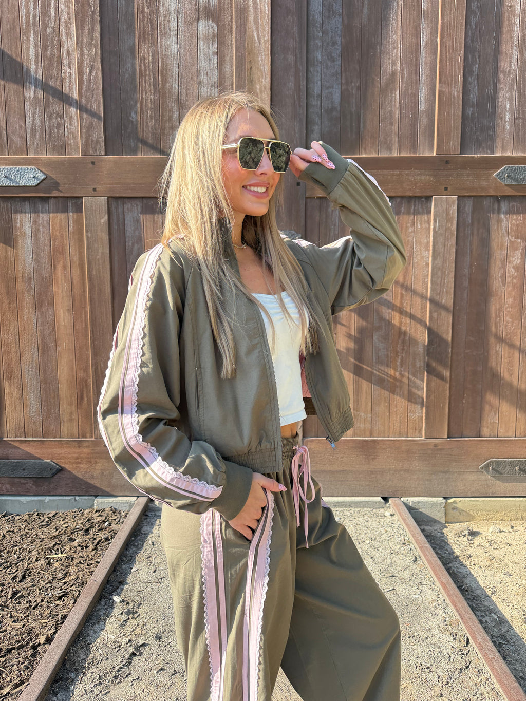 Lace Trim Mock Neck Zip Up