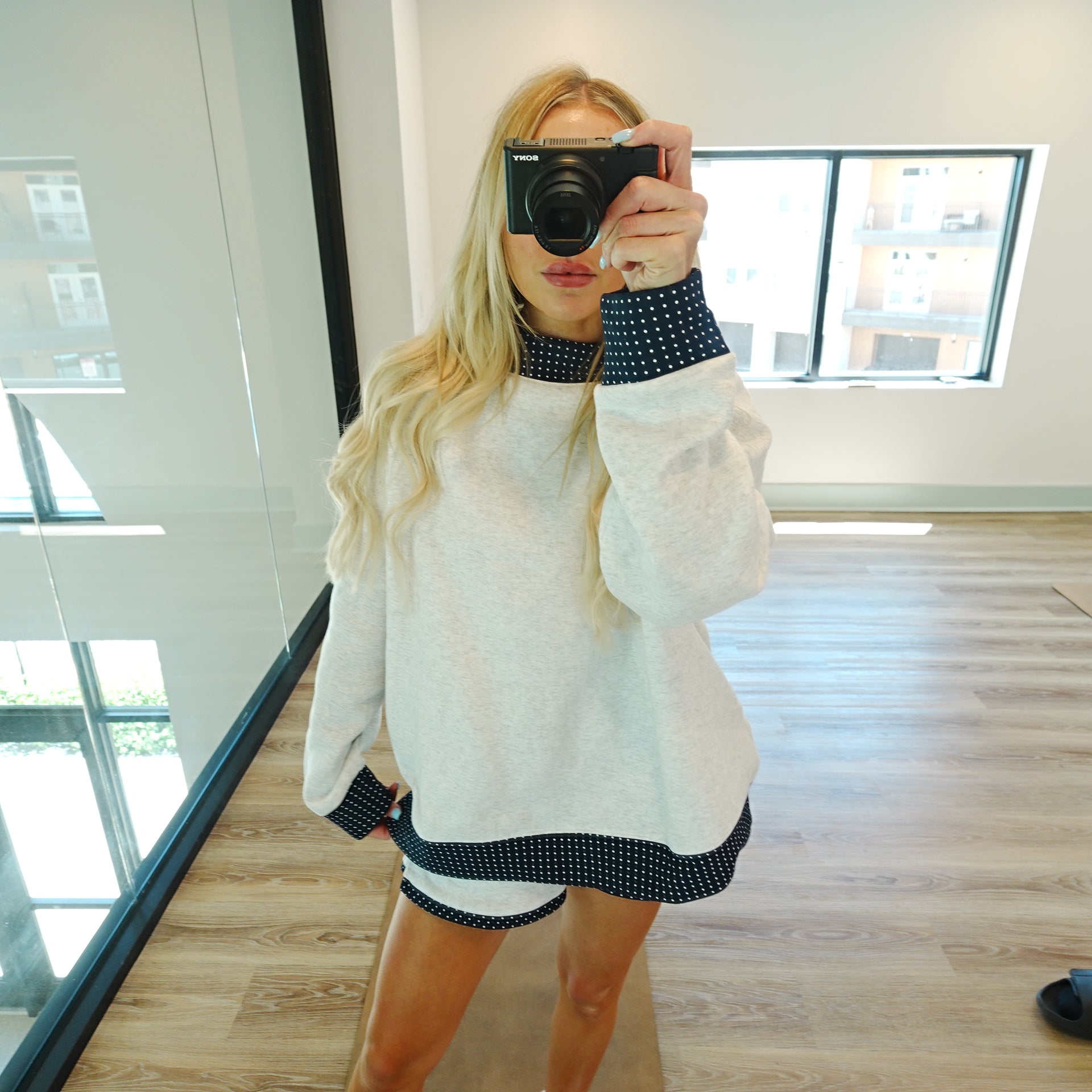 Pearl Grey Navy Blue Polka Dot Mockneck Sweatshirt