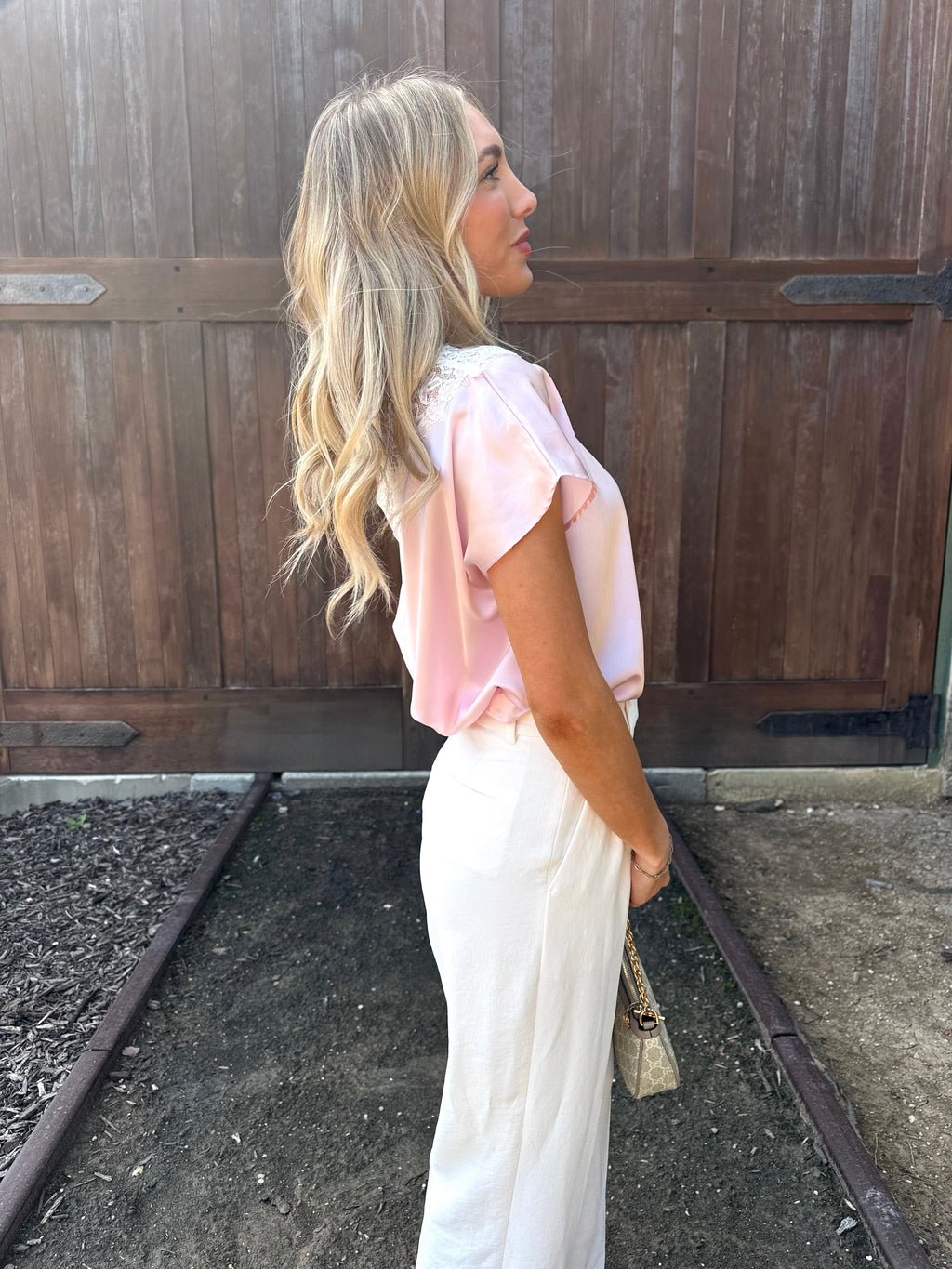 Satin Blouse W/ Lace Boat Neckline