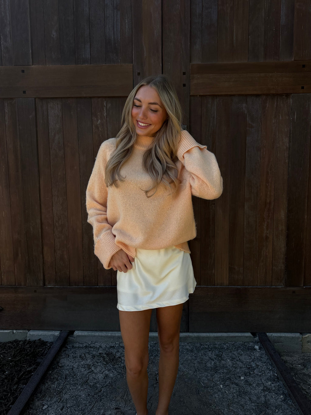 Peach High Neck Long Sleeve Sweater Top