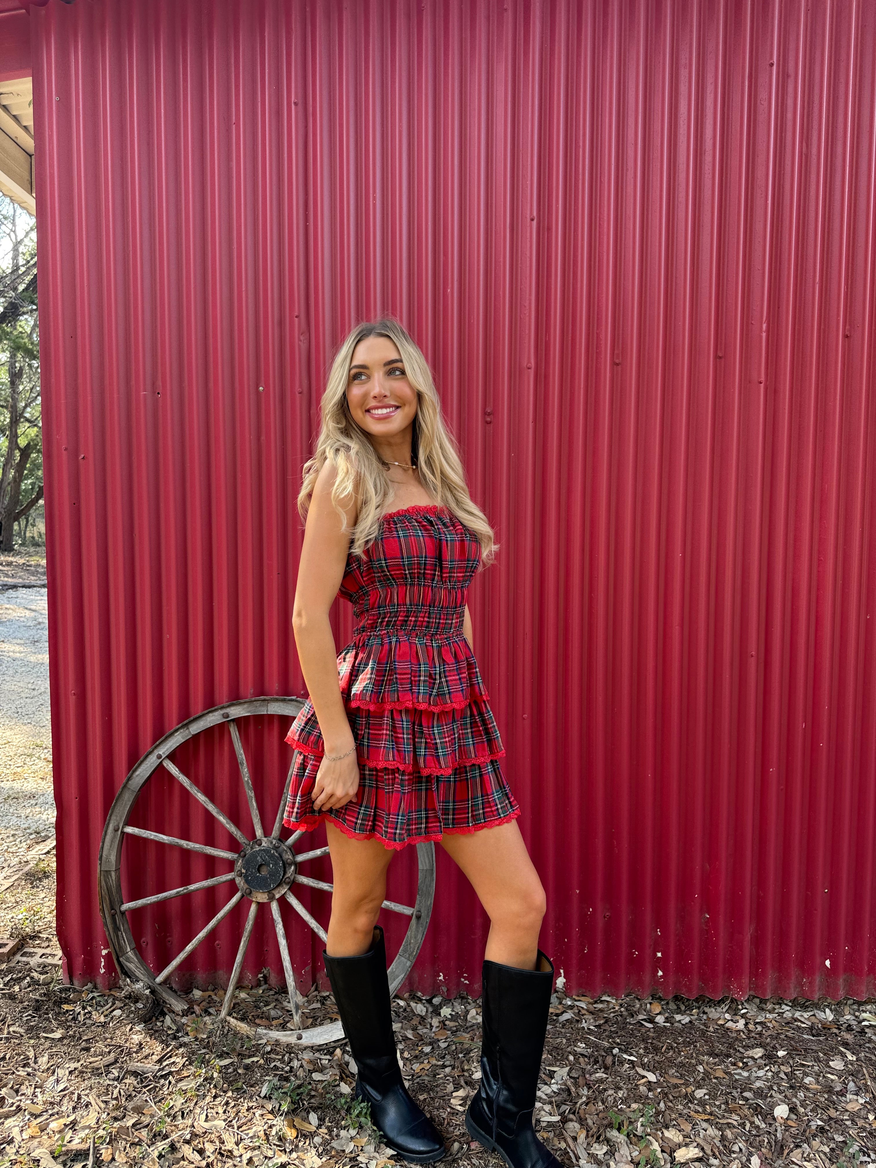 Holiday Plaid Strapless Dress