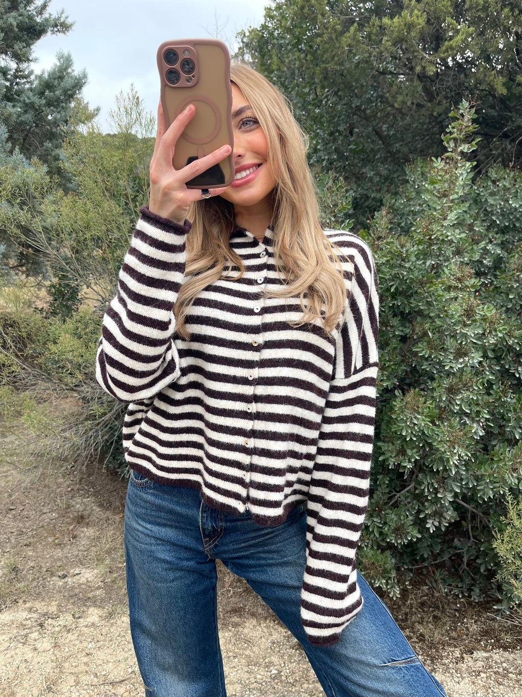 Wine & Cream Stripe Cardigan