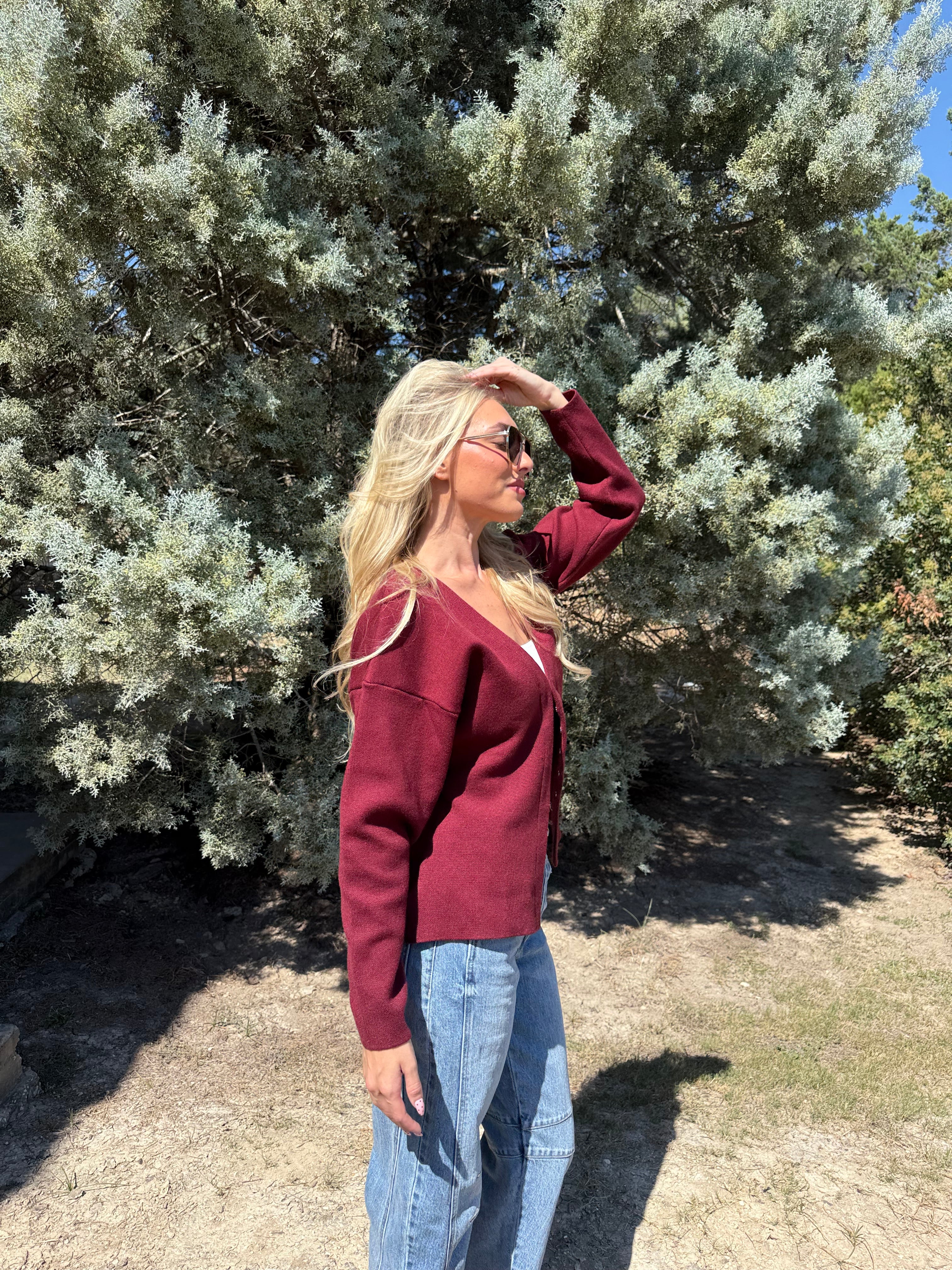 Burgundy A-Line Knit Cardigan