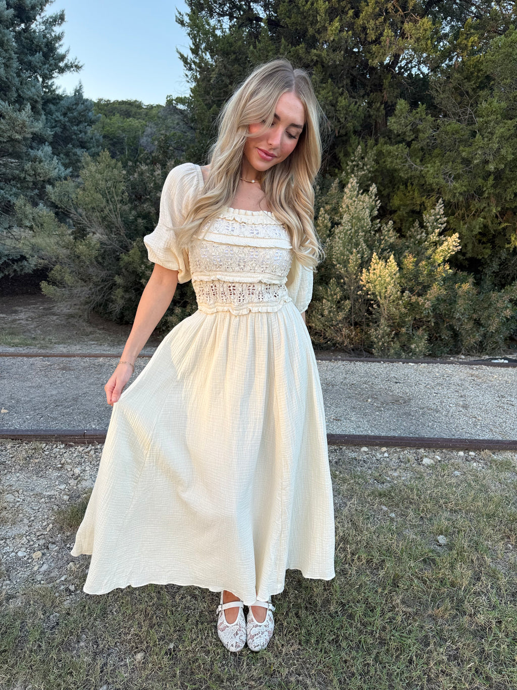 Cotton Square Neck Flare Midi Dress