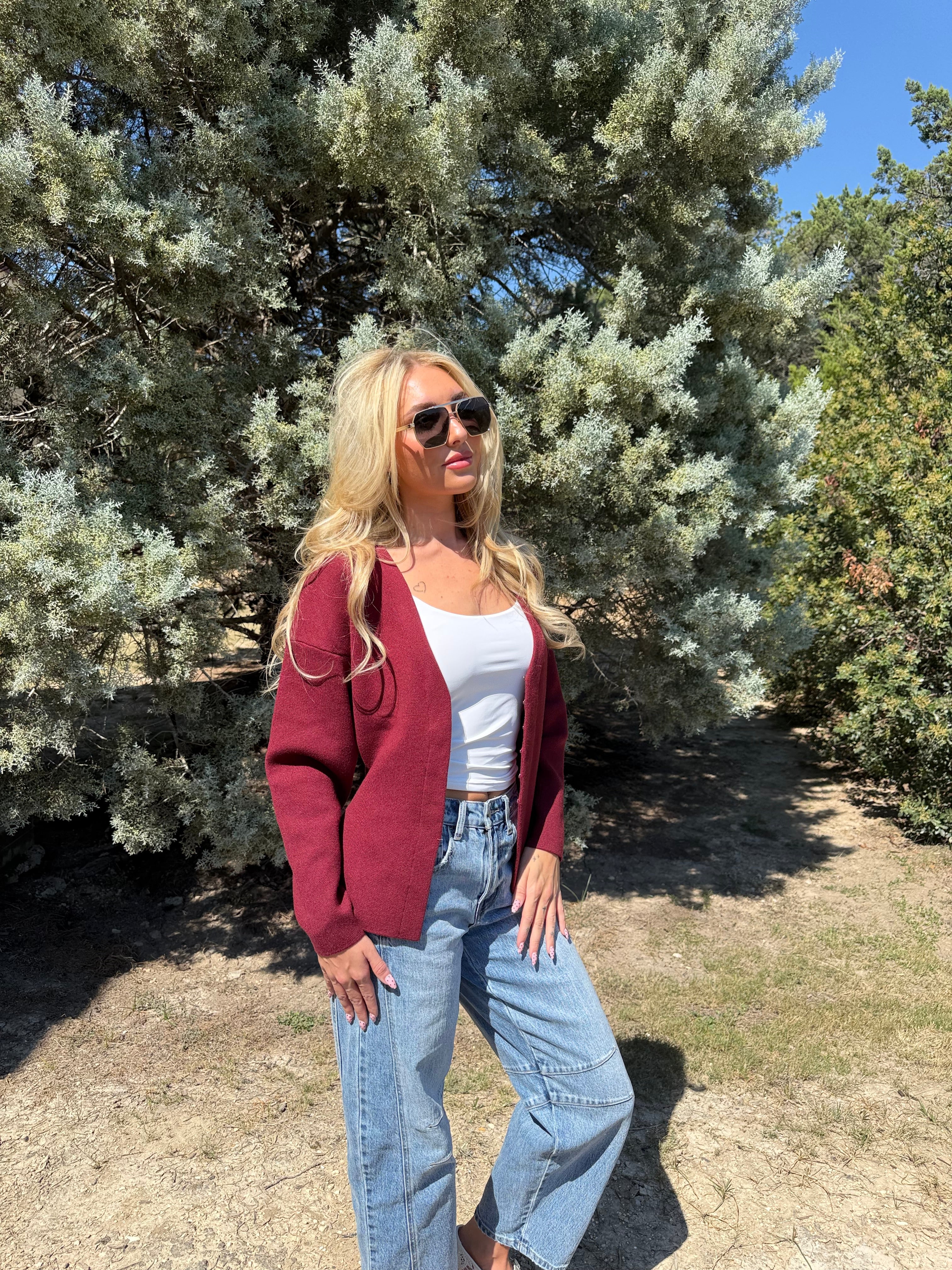 Burgundy A-Line Knit Cardigan